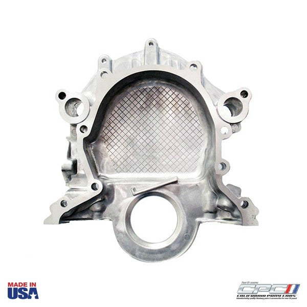 1965-1966 MUSTANG TIMING CHAIN COVER WITH MOLDED TIMING POINTER.