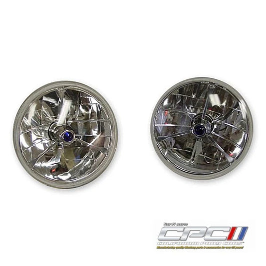 1965-1968 Mustang Tri-bar Headlamps 7" H4 Halogen Blue Dot ELE-658-602